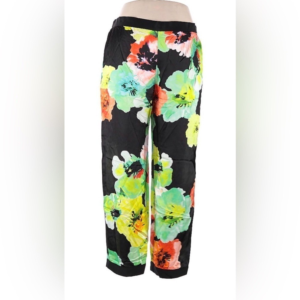 Josie Natori Floral Silk Blend High Rise Pants Black Green XL